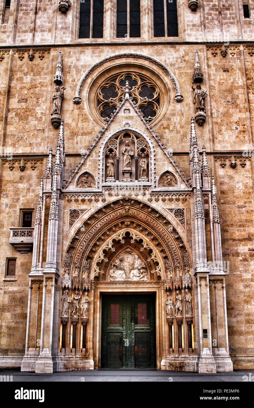 A view of the facade and architectural and decorative elements of the exterior fo the cathedral in Zagreb, Croatia Stock Photo