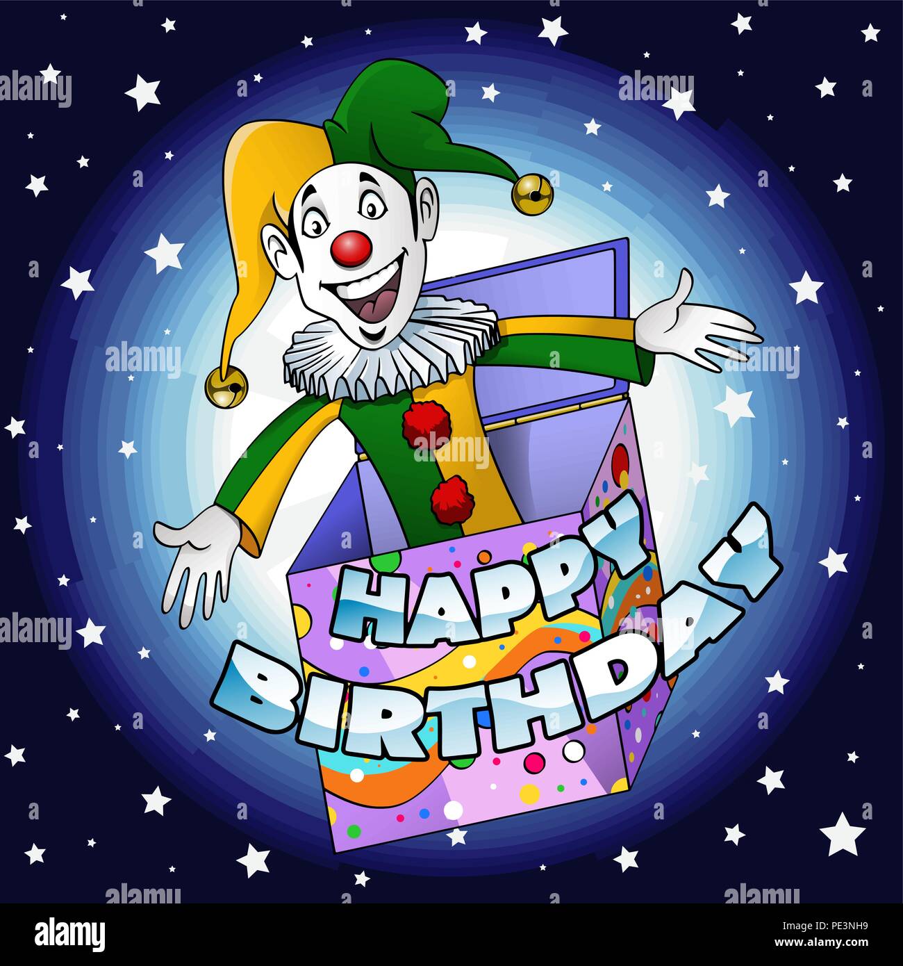 Cartoon-style illustration: a funny jester jumping off a gift box Writing 'Happy birthday' is easy to move or delete in vector format EPS Stock Vector