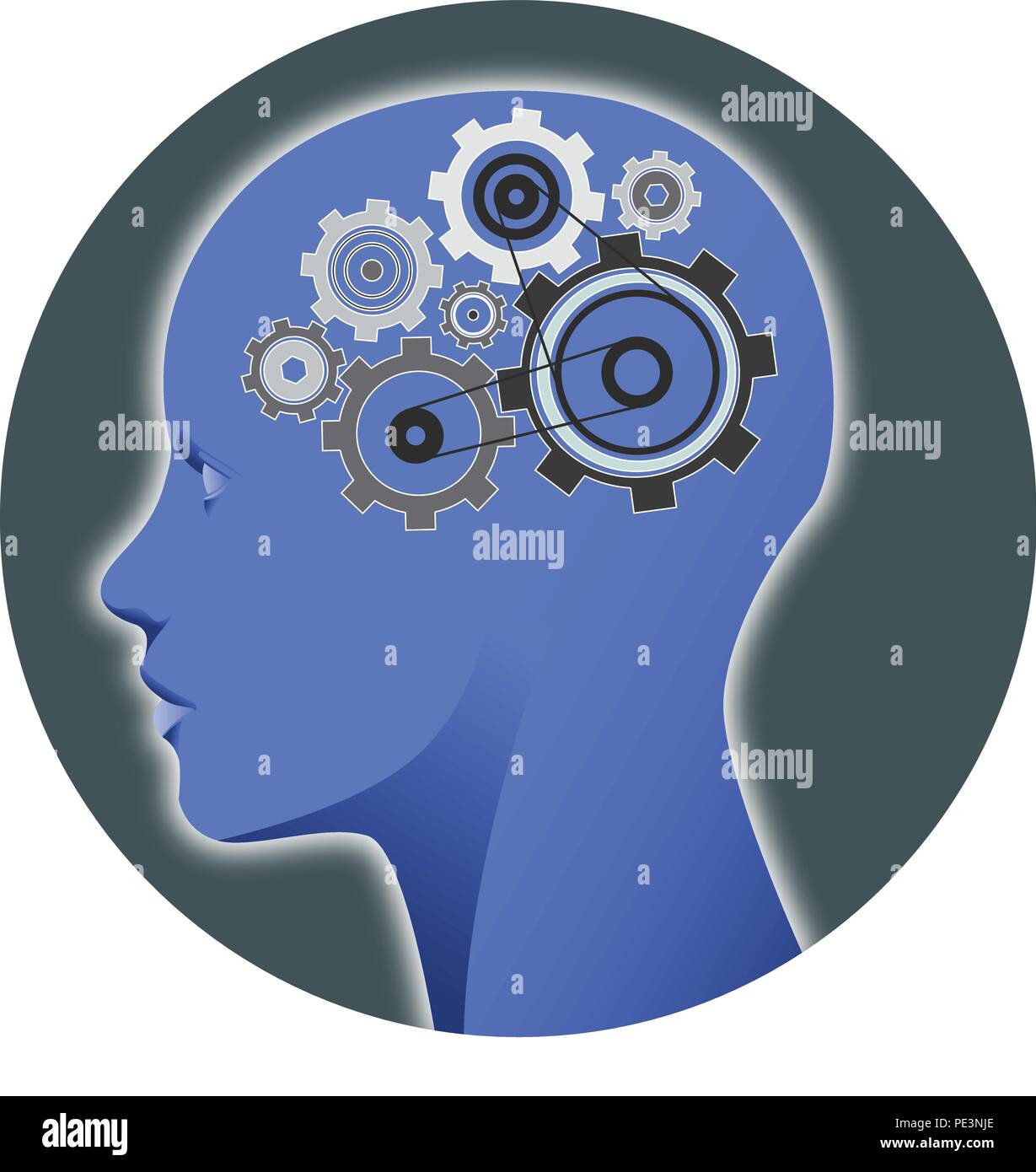 Illustration: a human head with cogs, representing the mental processes Stock Vector