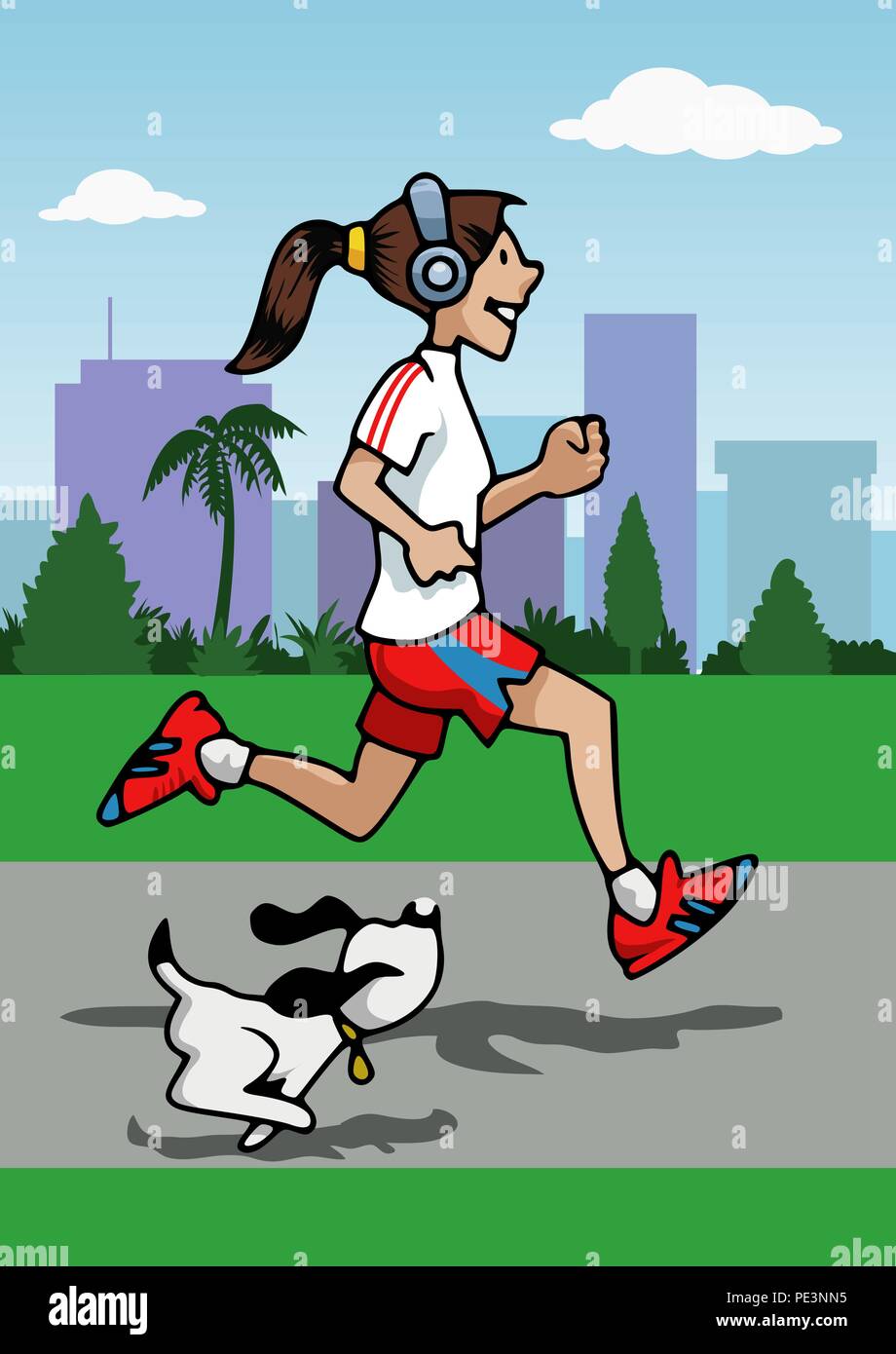 Cartoon-style illustration: a young woman is running with her small dog. She wears headphones. Skyscrapers and trees on the background Stock Vector
