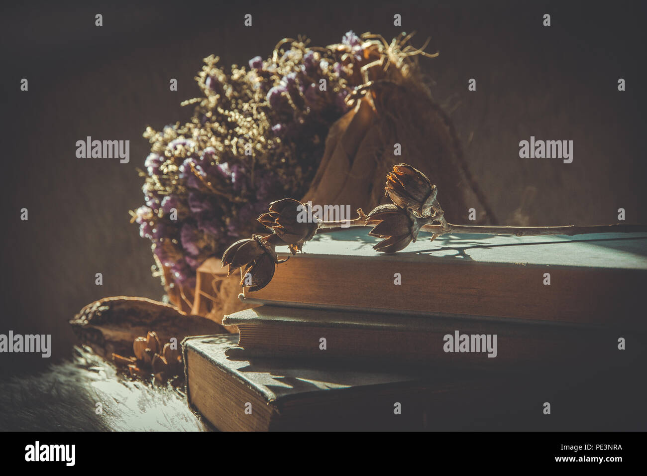 Still life with books and dried flowers offered in vintage colors and ...