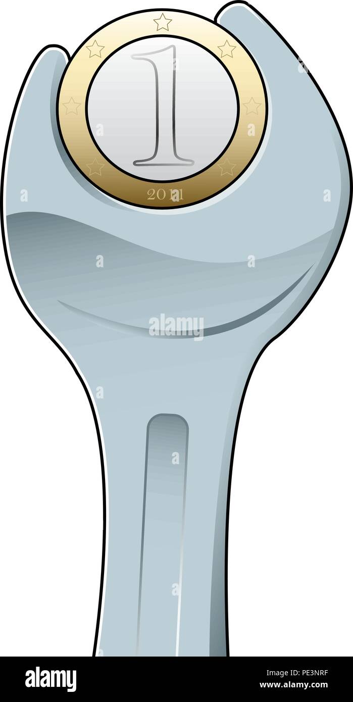 Computer-generated illustration: metallic wrench holding a one Euro coin Stock Vector