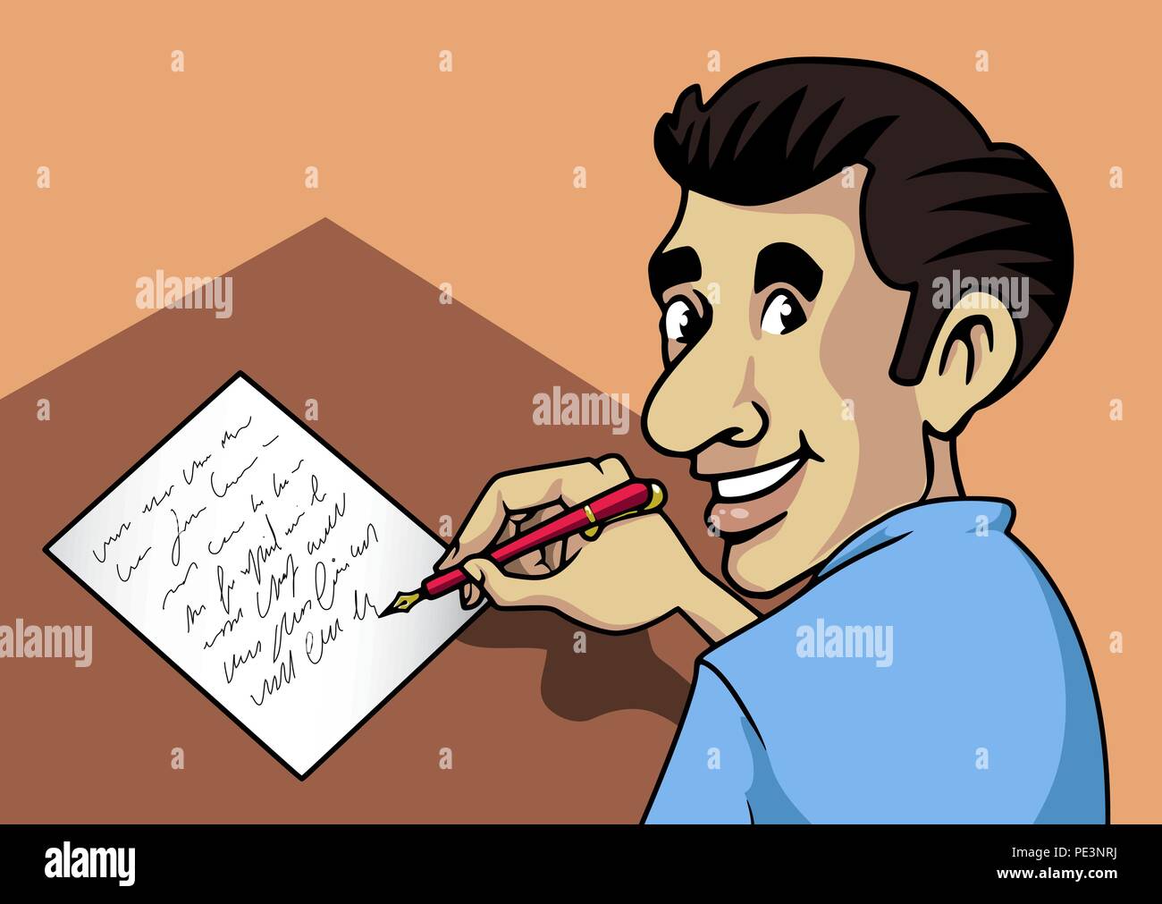 Cartoon-style illustration: a smiling man writing a letter with a  fountain-pen and paper Stock Vector Image & Art - Alamy