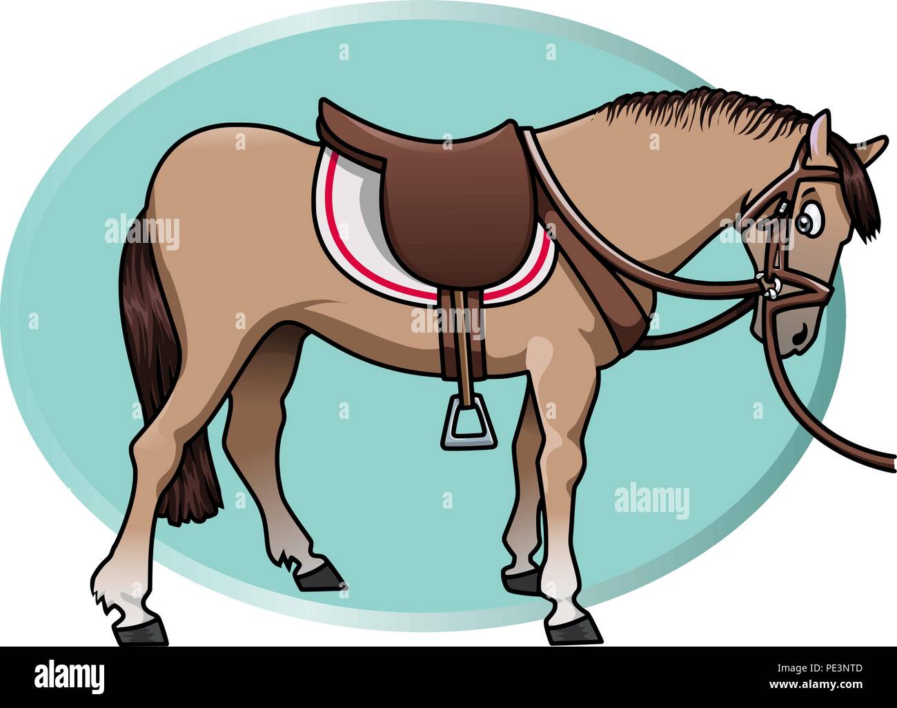 Cartoon-style illustration of a cute brown horse with saddle and reins. An aquamarine oval shape on the background Stock Vector