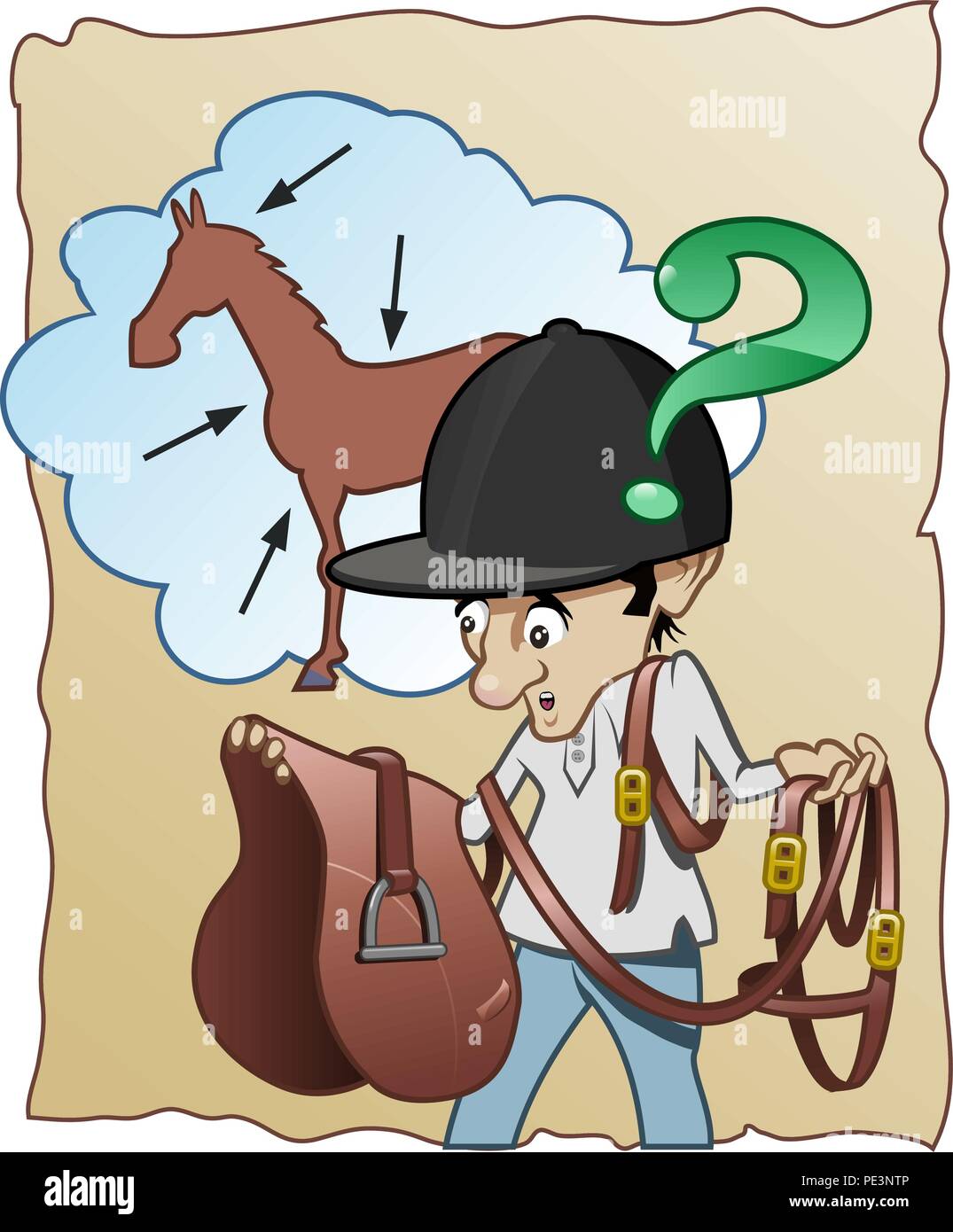 Funny cartoon illustration - An inexperienced horse-rider doesn't know how to prepare his horse for riding Stock Vector