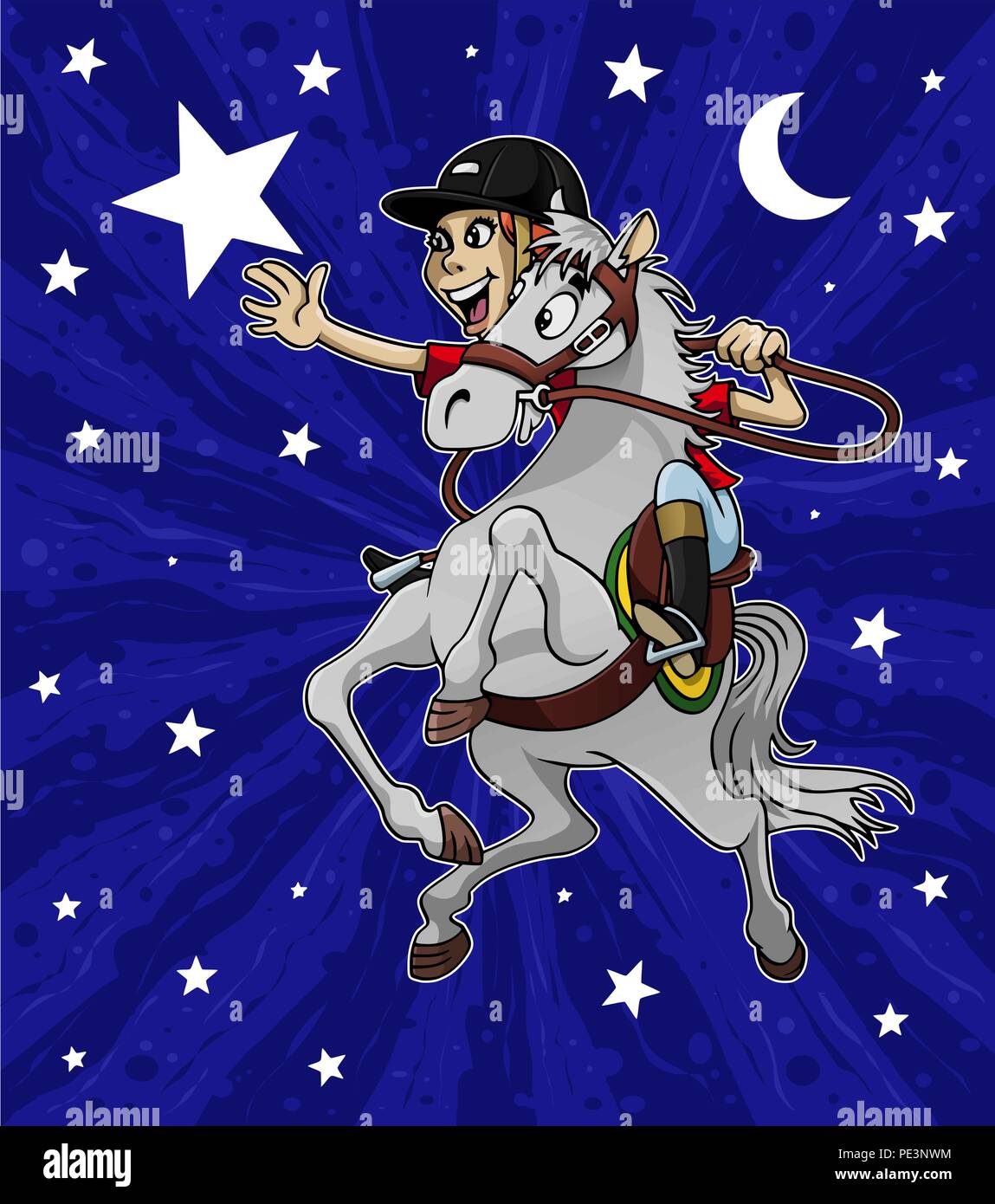 Cartoon-style illustration: a young happy girl riding her horse is trying to reach a big star in the sky Stock Vector