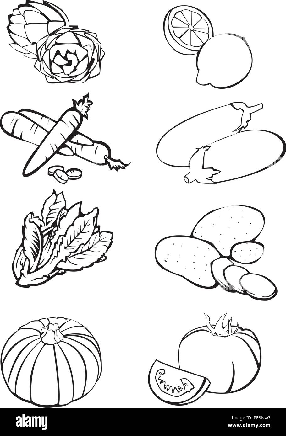 Black and white illustration of eight vegetables: artichokes - lemons - carrots - eggplants - lettuce - potatoes - pumpkin - tomatoes Stock Vector