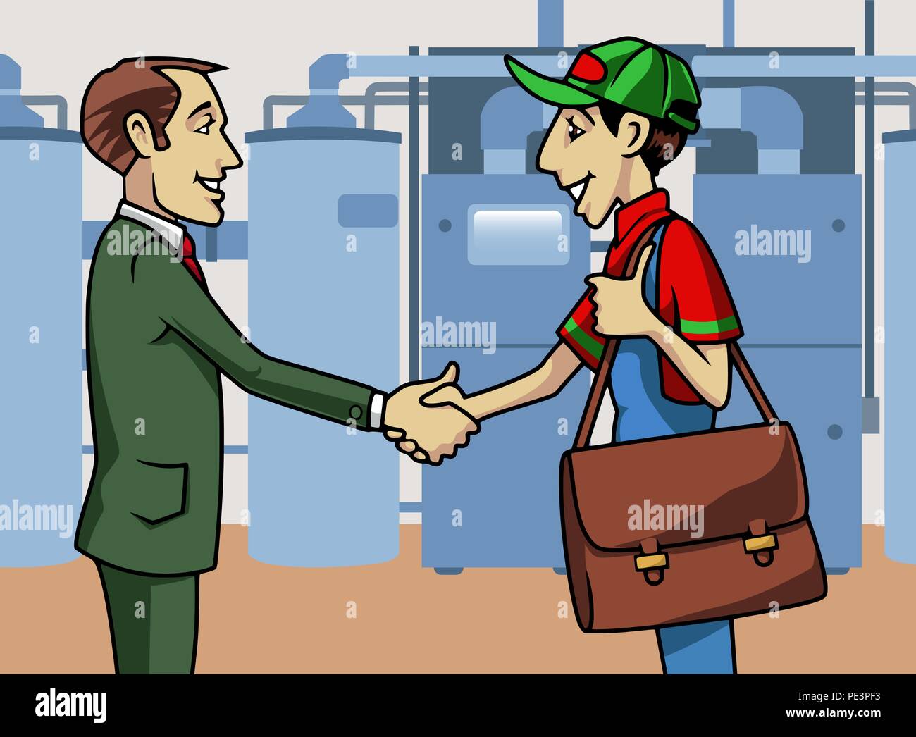 Cartoon-style illustration: a customer and a boiler technician shaking their hands Stock Vector