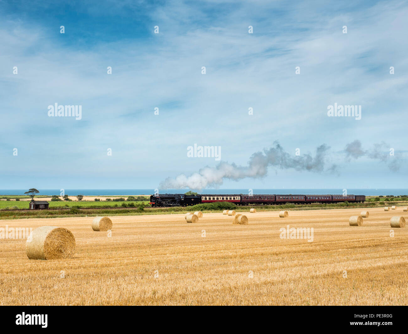 Poppyline steam train through fields. Stock Photo