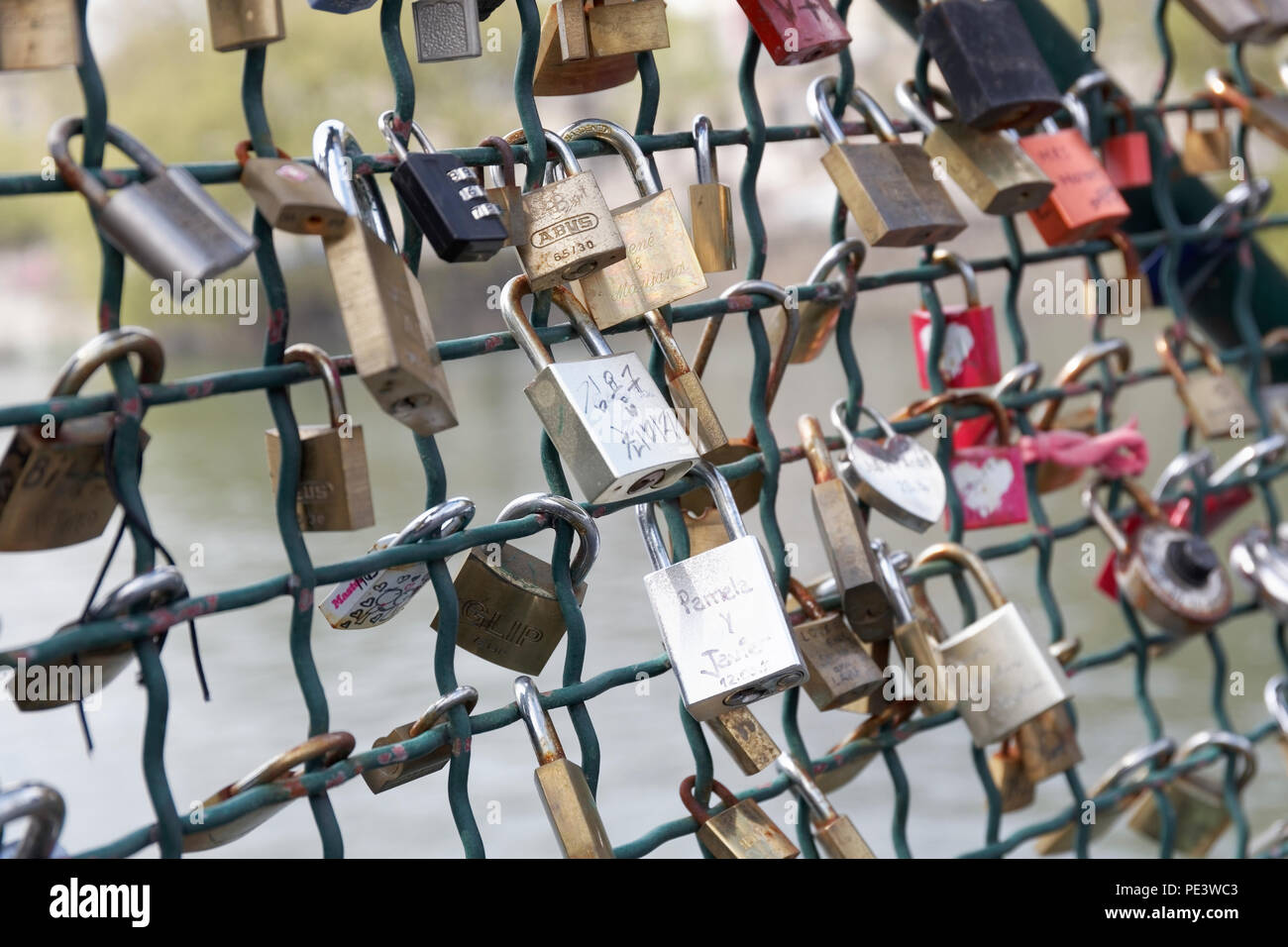 hundreds of "love locks" on the footbridge on river Limmat at Zurich