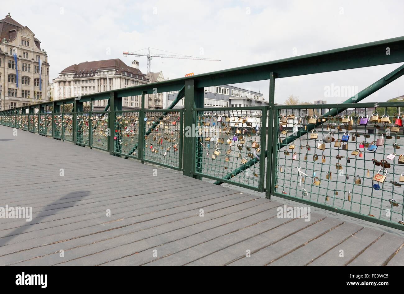 hundreds of "love locks" on the footbridge on river Limmat at Zurich