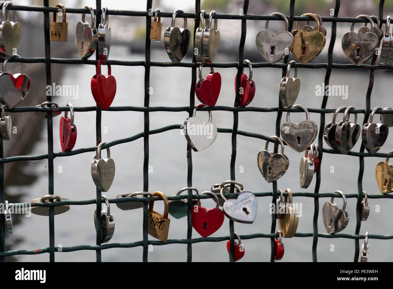 hundreds of "love locks" on the footbridge on river Limmat at Zurich