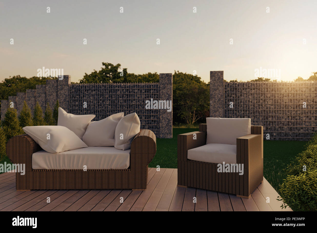 3d rendering of rattan garden furniture on wooden patio at garden in the evening sunshine Stock Photo