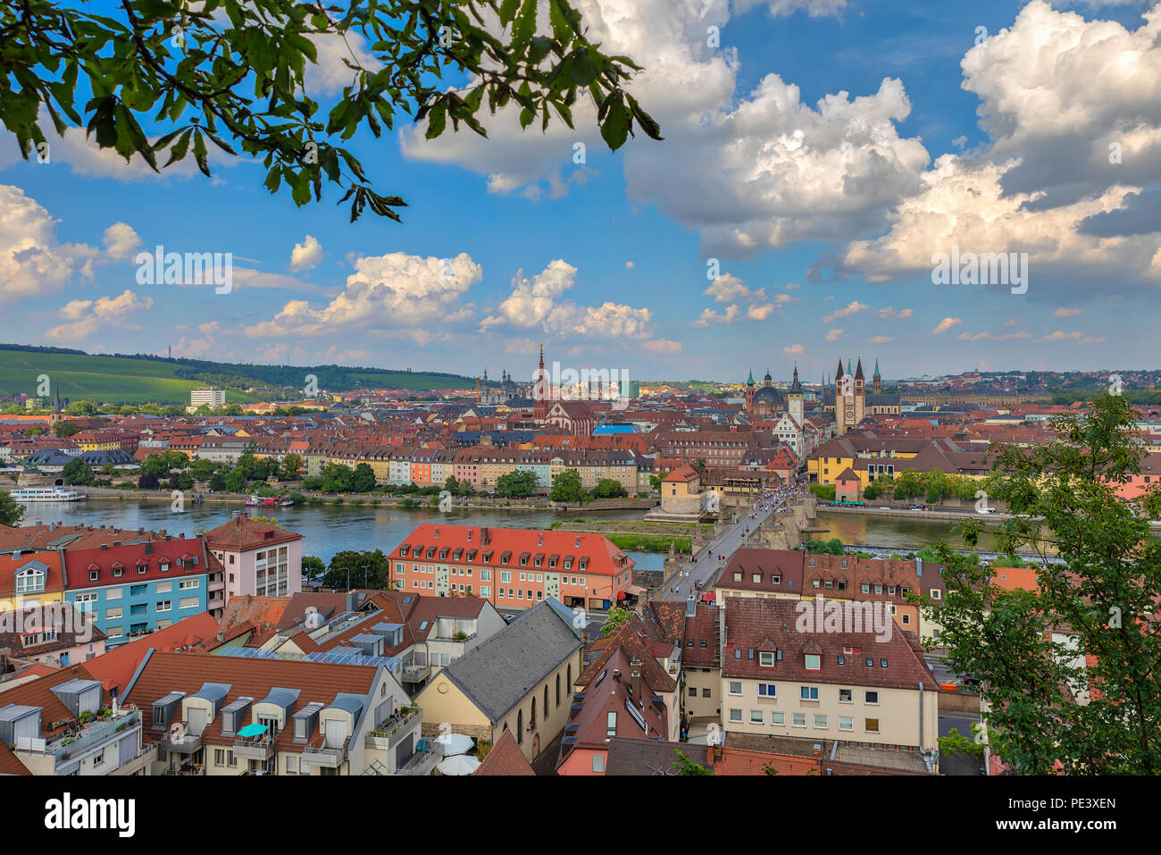 Aerial view of Wuerzburg cityscape from the view platform of Marienberg ...