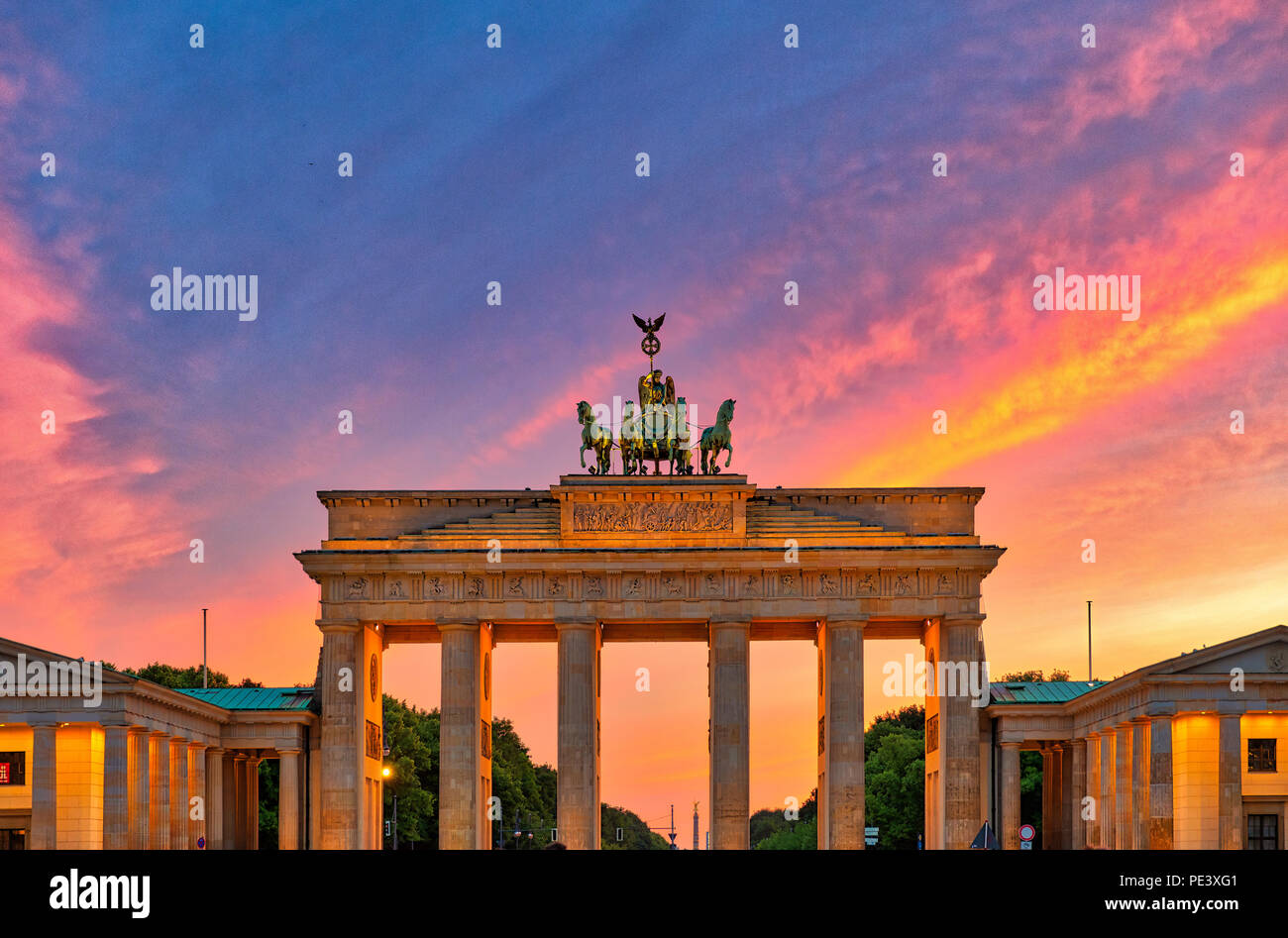 Stunning view of the Brandenburg Gate in Berlin at dusk, with colorful twilight in background, Berlin, Germany Stock Photo