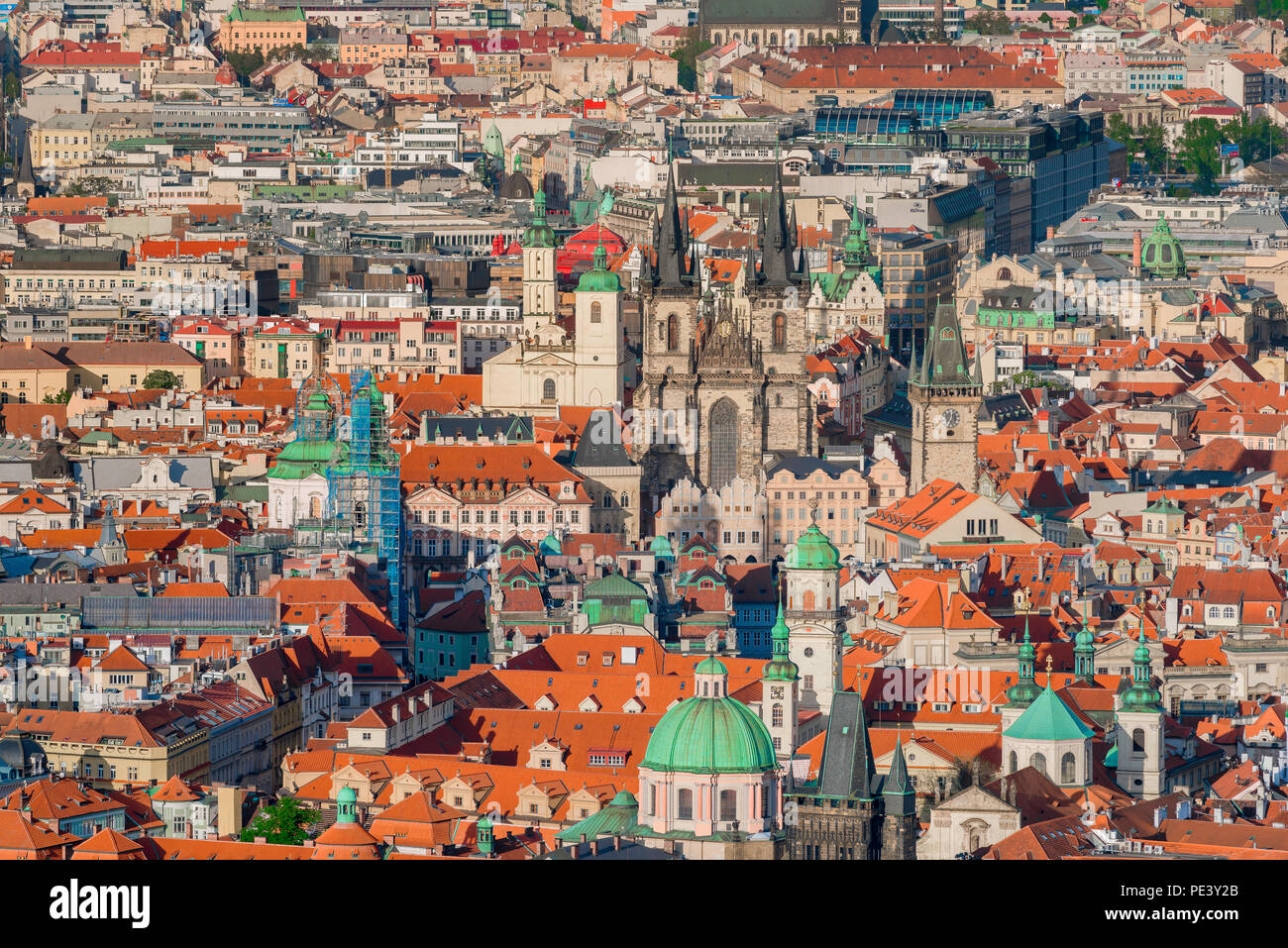 Prague cityscape, aerial city view of the twin-spired Tyn Church sited in the historical Stare Mesto (old town) - in the center of Prague, Czech Rep. Stock Photo