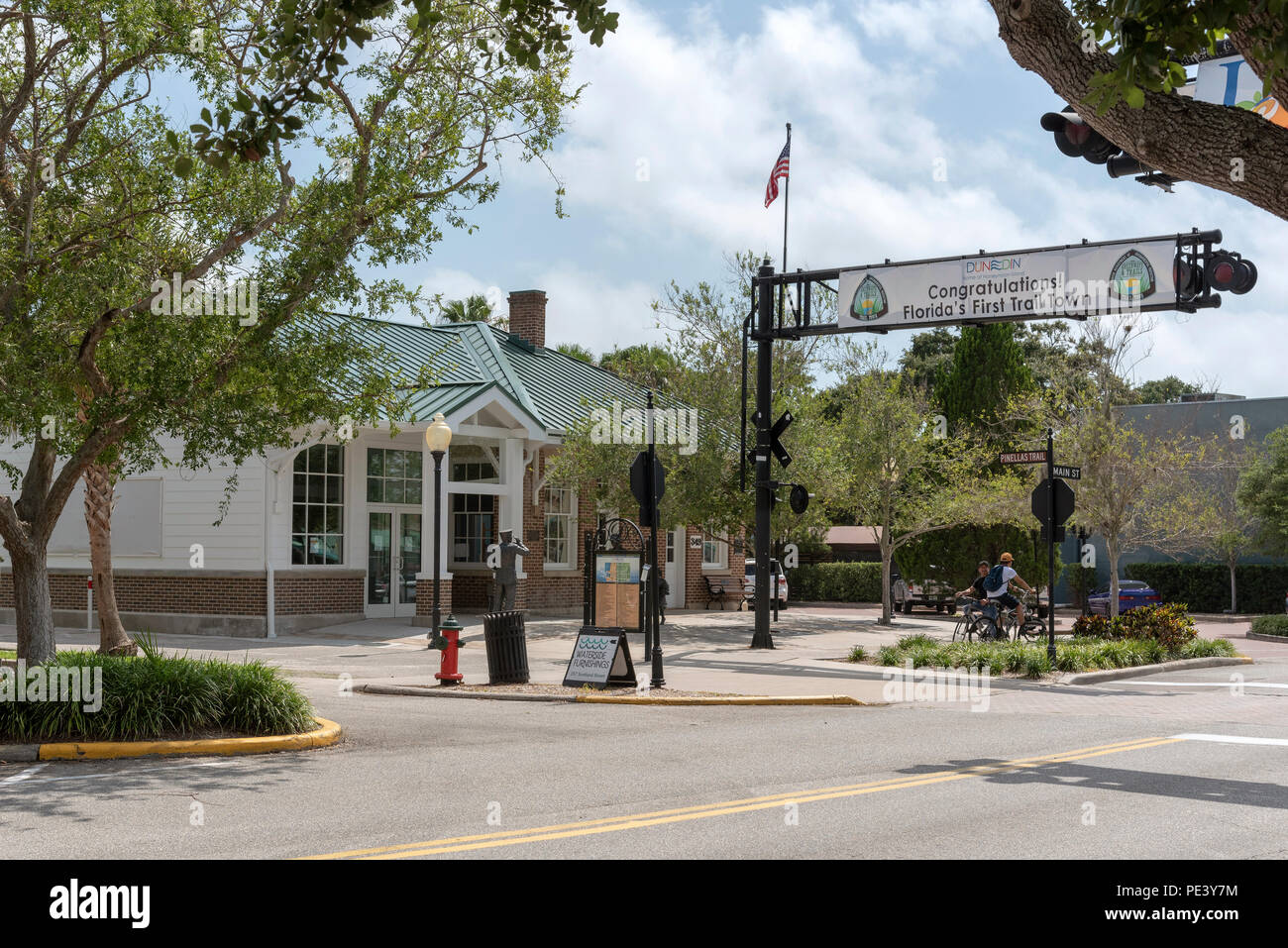 Dunedin, Florida, USA. The Dunedin Historical Museum, Main Street, Dunedin, Florida. Florida's First Trail Town sign. Stock Photo