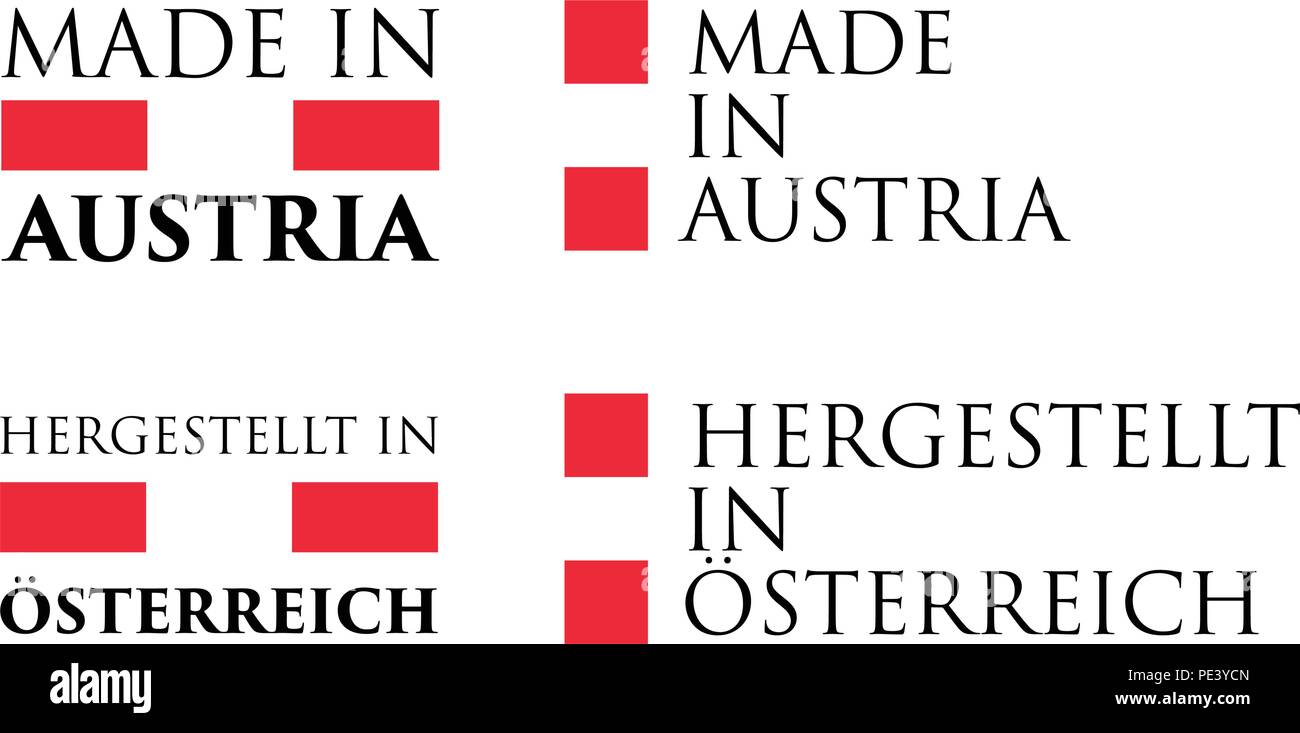 Simple Made in Austria / Hergestellt in Osterreich (german translation) label. Text with national colors arranged horizontal and vertical. Stock Vector