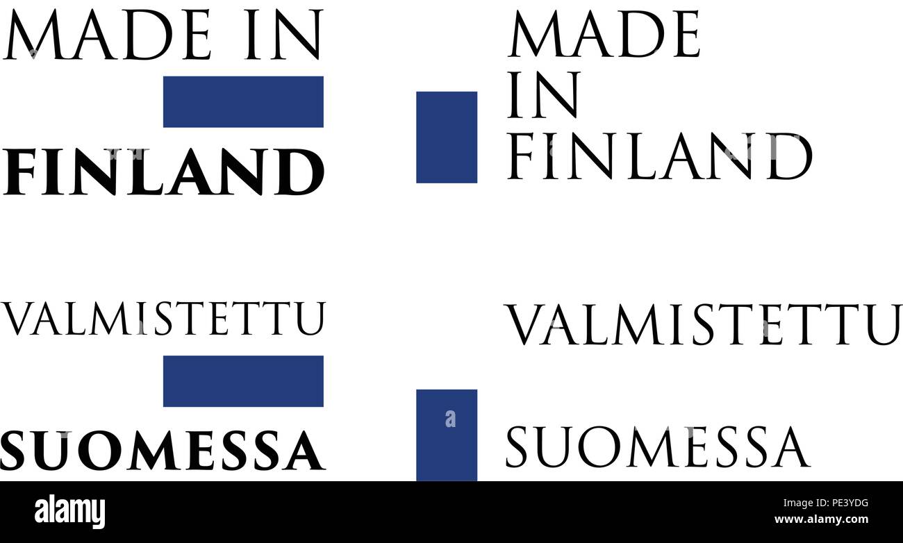 Simple Made in Finland / Valmistettu Suomessa (finnish) label. Text with national colors arranged horizontal and vertical. Stock Vector