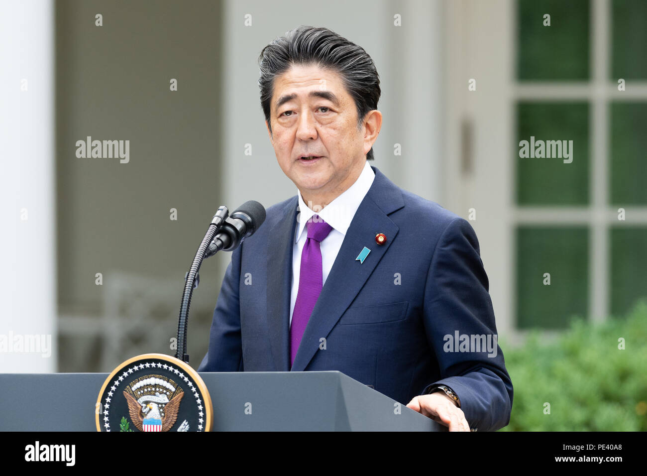 Shinzo Abe, the Prime Minister of Japan, in the Rose Garden at the White House in Washington, DC on June 7, 2018 Stock Photo