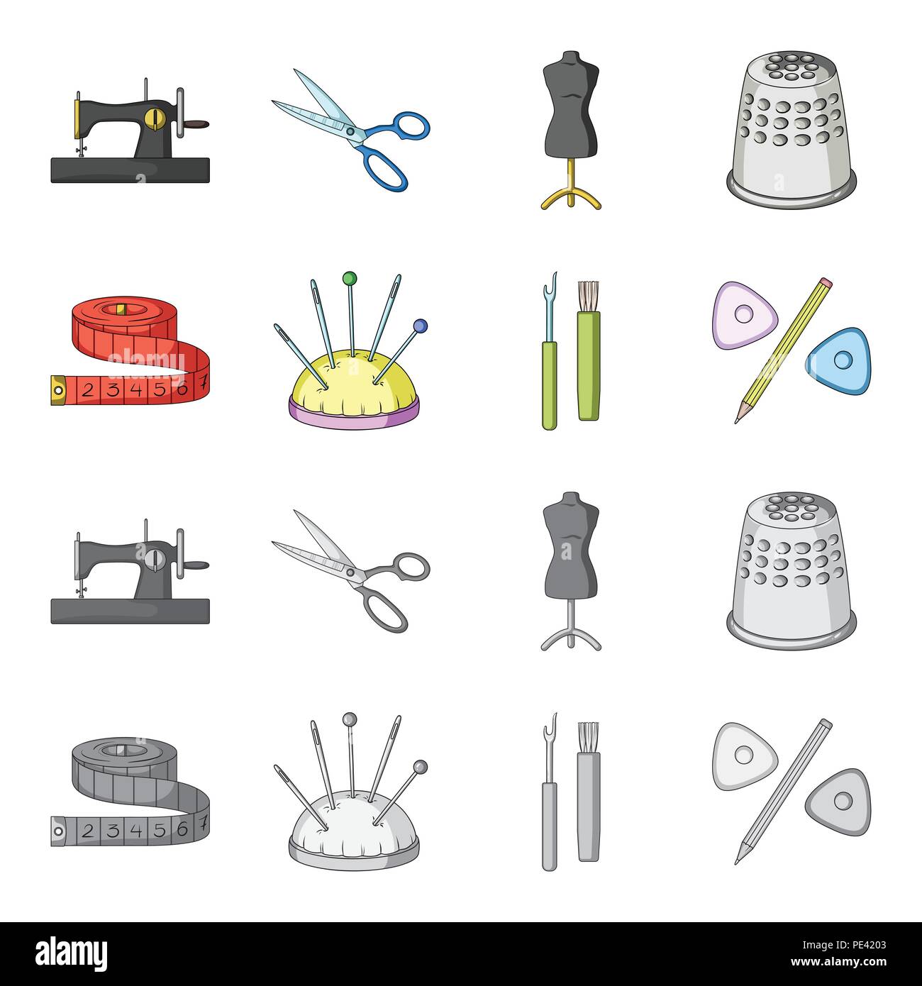 Measuring tape, needles, crayons and pencil.Sewing or tailoring tools ...
