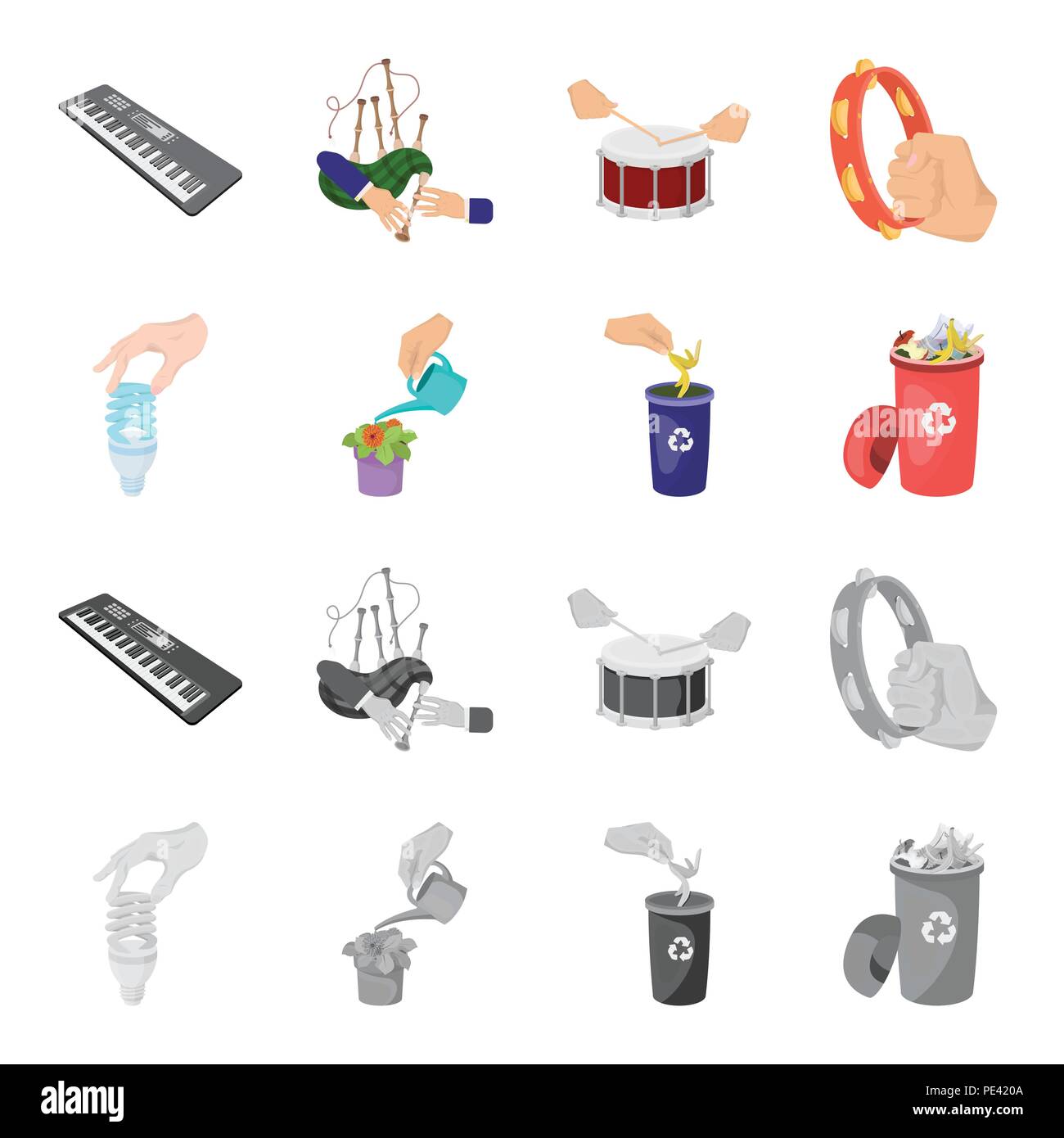 Energy-saving light bulb, watering a houseplant and other  icon in cartoon,monochrome style. garbage can with waste and garbage icons in set collectio Stock Vector