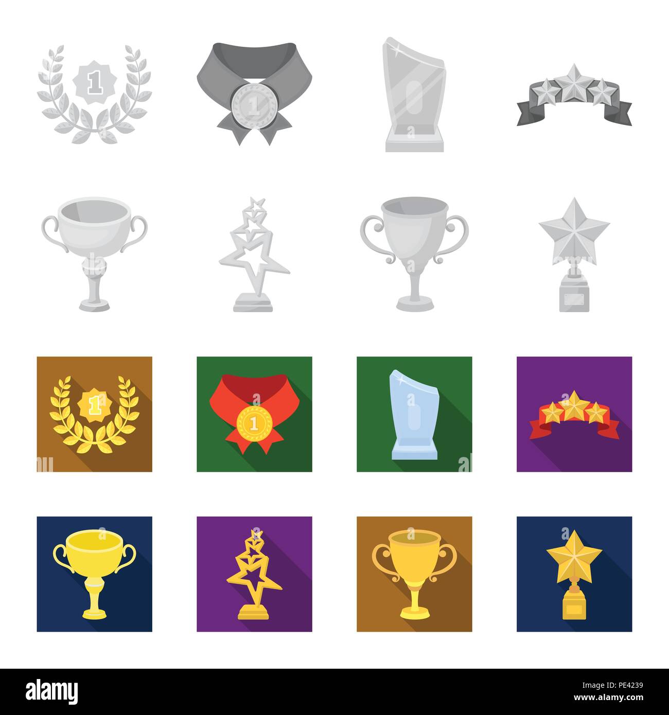 Silver cup for the second place, gold stars on the stand, a cup with a star, a gold cup.Awards and trophies set collection icons in monochrome,flat st Stock Vector