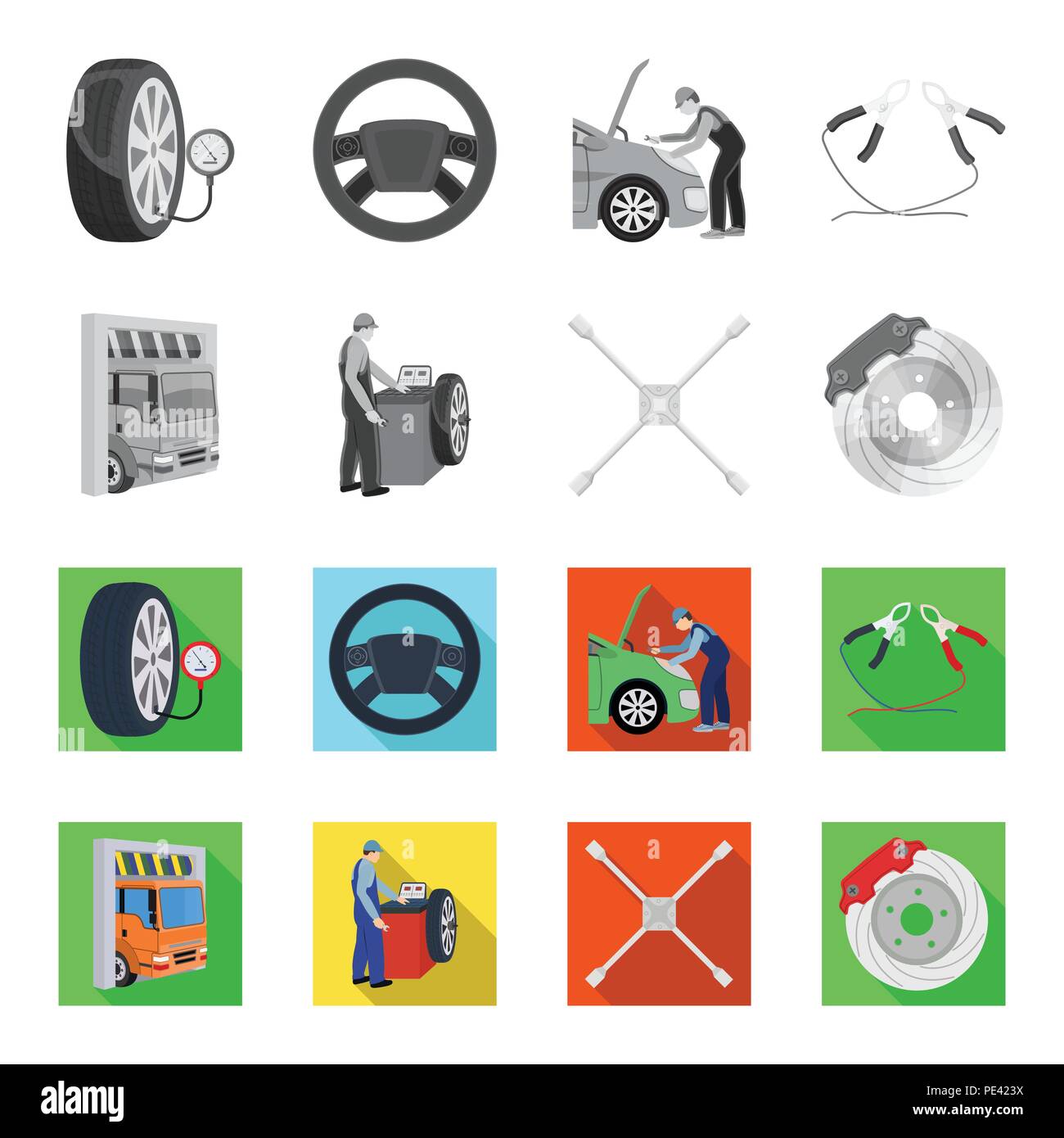 Wheel balancing, spanner and brake disc monochrome,flat icons in set ...