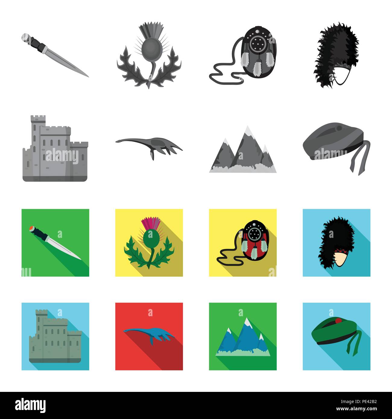 Edinburgh Castle, Loch Ness Monster, Grampian Mountains, national cap balmoral,tam shanter. Scotland set collection icons in monochrome,flat style vec Stock Vector