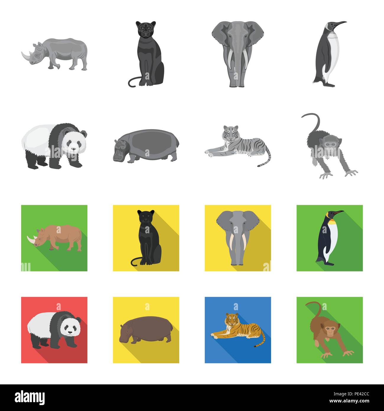 Bamboo bear, hippopotamus, wild animal tiger, monkey . Wild animal set collection icons in monochrome,flat style vector symbol stock illustration . Stock Vector