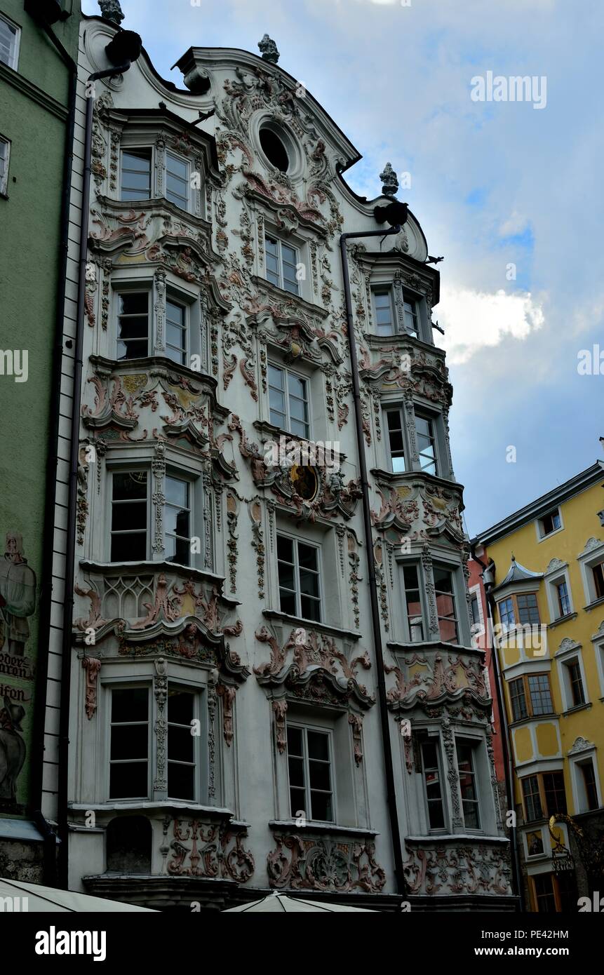 A view of Helblinghaus building from left side, an elegant Regency style facade situated on the Herzog Friedrich Strasse in Innsbruck, Austria, Europe Stock Photo