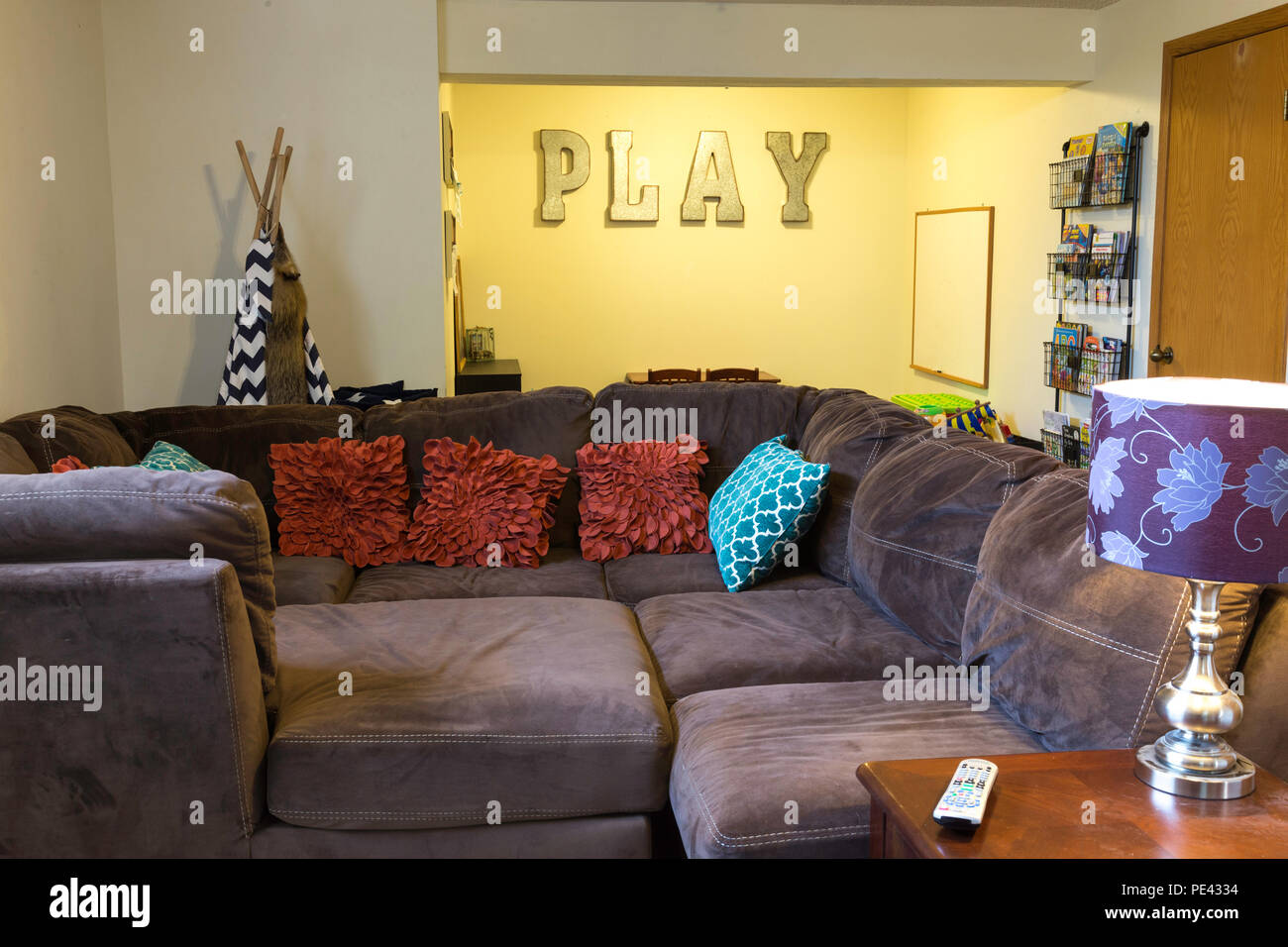 Family Room with Attached Playroom in Residential Home, USA Stock Photo