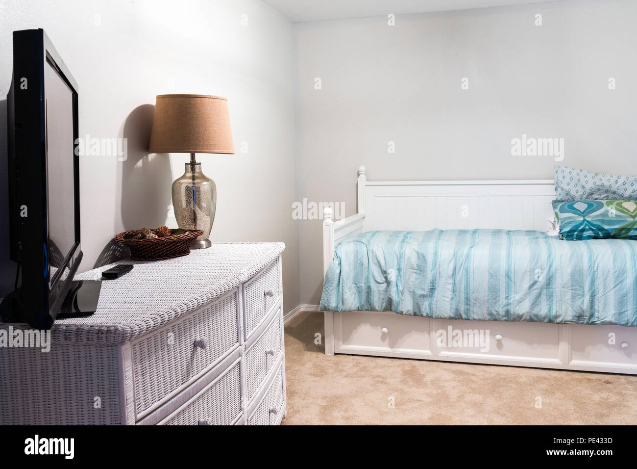 White Guest Bedroom with Trundle bed, USA Stock Photo