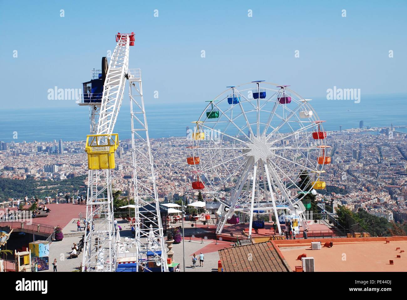 The Tibidabo amusement park on Mount Tibidabo high above Barcelona, Spain on April 18, 2018. The park first opened in 1901. Stock Photo