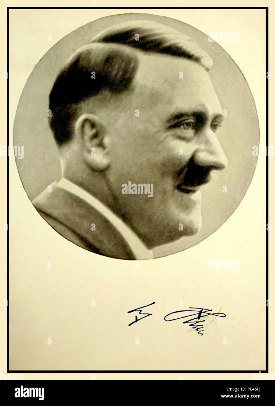 Vintage Historic NSDAP Propaganda Portrait of  Adolf Hitler signed Postcard handed out at a Nuremburg Nazi Rally 1930's Stock Photo