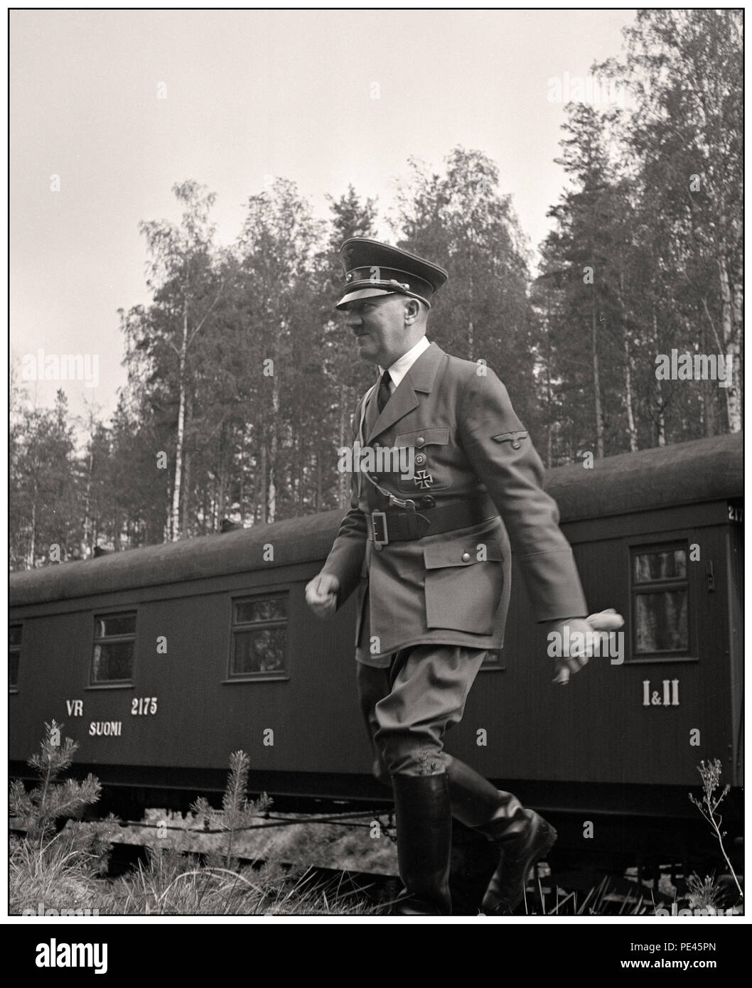 MANNERHEIM / HITLER Adolf Hitler decided to visit Finland on 4 June 1942, ostensibly to congratulate Mannerheim on his 75th birthday. But Mannerheim did not want to meet him in his headquarters in Mikkeli or in Helsinki, as it would have seemed like an official state visit. The meeting took place near Imatra, in south-eastern Finland, and was arranged in secrecy From Immola Airfield, Hitler, accompanied by President Ryti, was driven to the place where Mannerheim was waiting at a railway siding. The meeting was inconclusive... Stock Photo