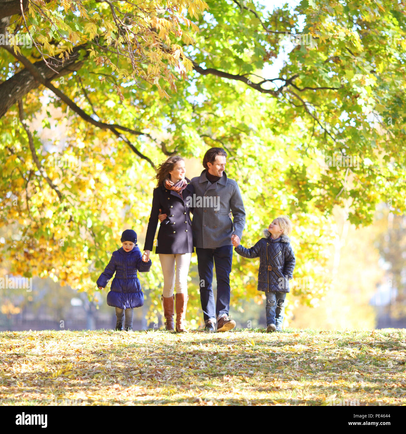 Happy family with two children walking in sunny autumn park holding hands Stock Photo