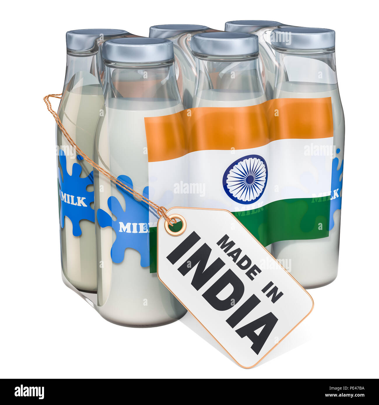 Dairy drink from India concept. Package of glass milk bottles with