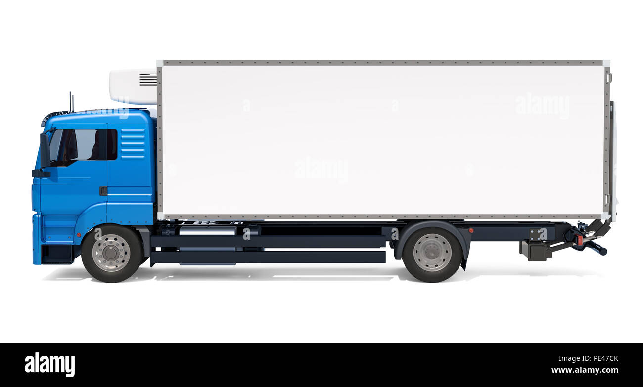 Lorry with isothermal van, side view. 3D rendering isolated on white background Stock Photo