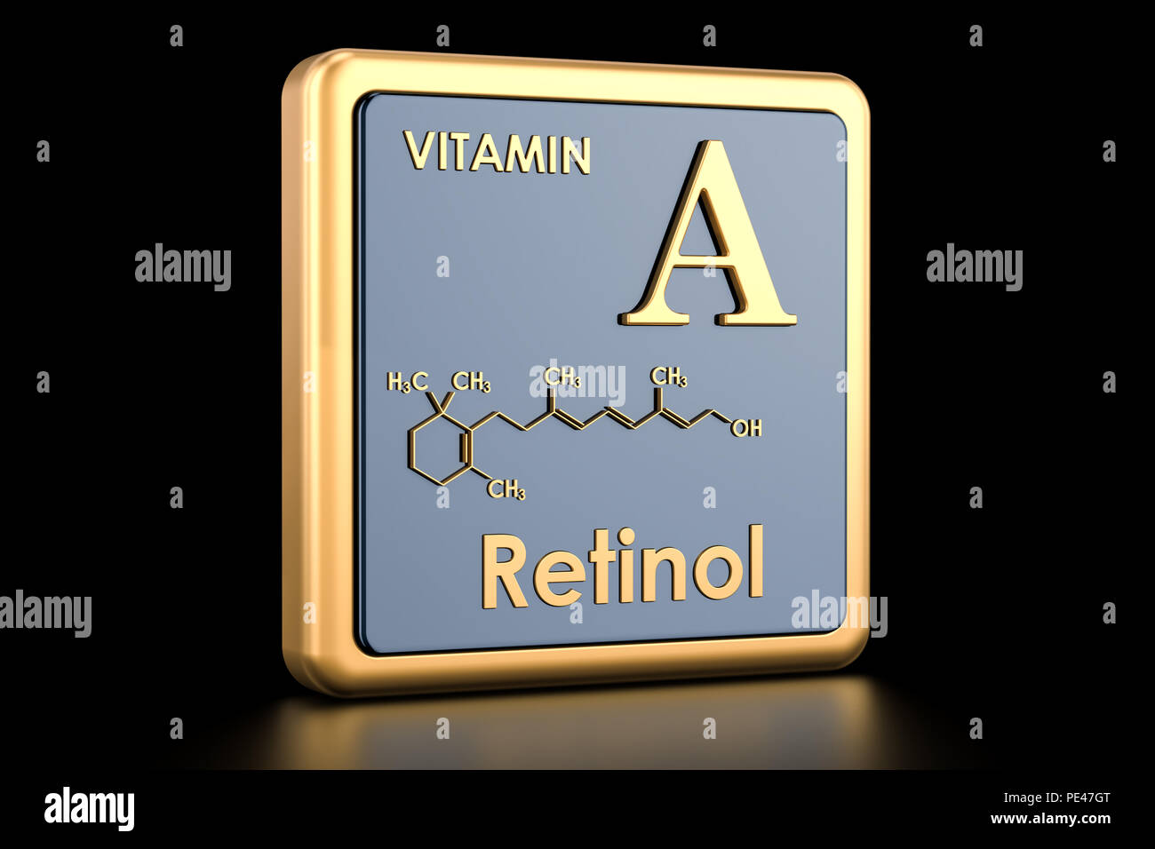 Vitamin A, retinol. Icon, chemical formula, molecular structure. 3D rendering Stock Photo