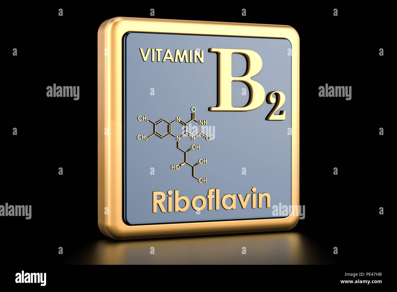Vitamin B2, riboflavin. Icon, chemical formula, molecular structure. 3D