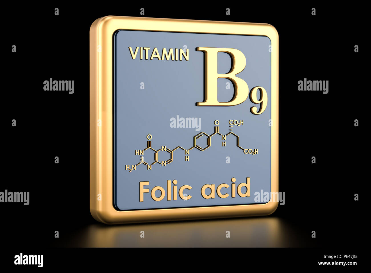 Vitamin B9, folic acid. Icon, chemical formula, molecular structure. 3D