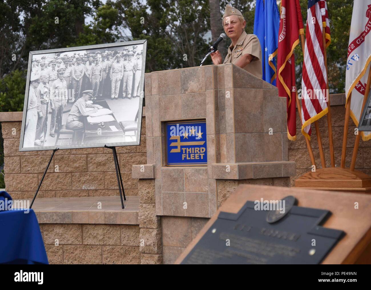 150902-N-JO908-068   SAN DIEGO (Sept. 2, 2015) Vice Adm. Nora Tyson, commander, U.S. 3rd Fleet, delivers remarks during a ceremony at 3rd Fleet Headquarters commemorating the 70th anniversary of the end of World War II. During the war, 3rd Fleet, led by Adm. William 'Bull' Halsey, conducted extensive operations against Japanese forces in the Central Pacific. On September 2, 1945, Japanese representatives signed the official Instrument of Surrender aboard the 3rd Fleet flagship USS Missouri, ending the war. (U.S. Navy photo By Mass Communication Specialist 2nd Class Kory Alsberry/Released) Stock Photo