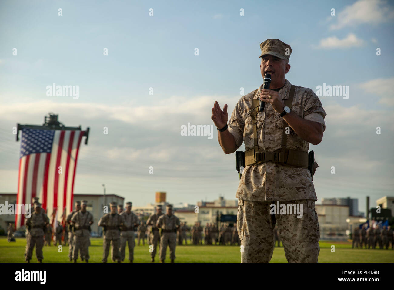 Lt. Gen. John Wissler addresses Marines during the III Marine