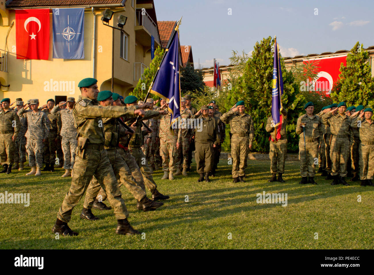 Turkish Soldiers march down a parade field during a change of command ceremony for the Turkish National Command Contingent to Kosovo and Joint Regional Detachment-South, Sept. 3, 2015, in Prizren, Kosovo. During the ceremony, Turkish Col. Omer Faruk Demircioglu formally handed command to Col. Saim Bagci. JRD-S and its liaison monitoring teams are part of NATO’s peace support mission in the region, known as Kosovo Force. (U.S. Army photo by Sgt. Erick Yates, Multinational Battle Group-East) Stock Photo