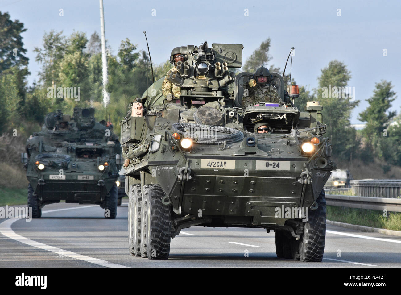 Troopers assigned to 4th Squadron, 2nd Cavalry Regiment, operate their M1126 Stryker Combat Vehicles during Dragoon Crossing, a tactical road march starting out at Rose Barracks, Germany and continuing through the Czech Republic and the Slovak Republic ending in Hungary Sept. 13, 2015. The purpose of the exercise is to reassure NATO allies of the U.S. intent during Operation Atlantic Resolve while demonstrating interoperability and freedom of movement throughout Eastern Europe. (U.S. Army photo by Sgt. William A. Tanner/released) Stock Photo