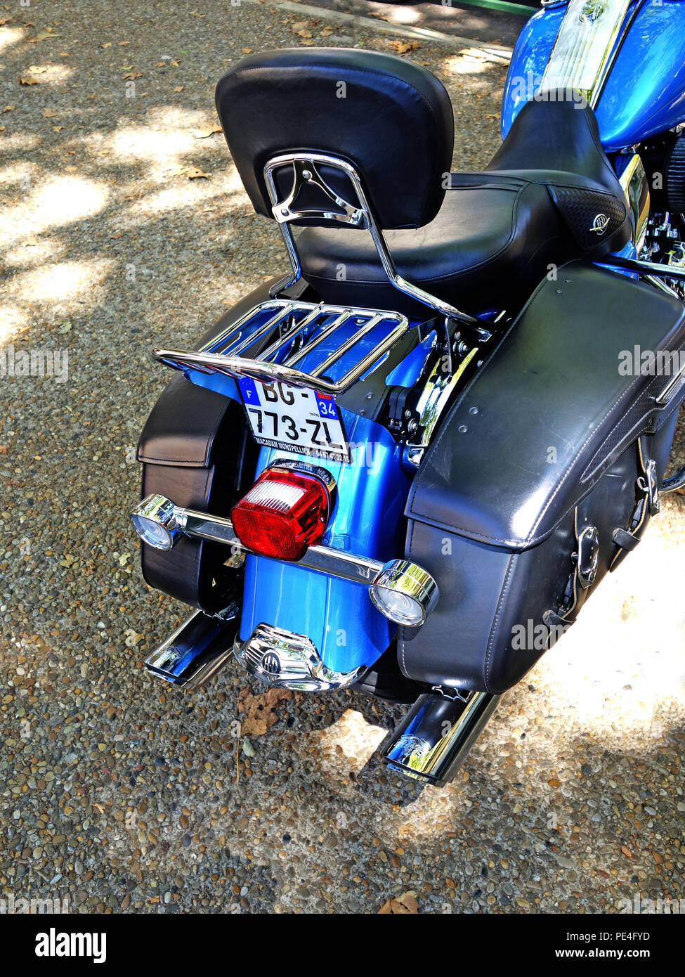 Rear view of a blue Harley-Davidson FLHRC Road King Motorbike image looking  down at rear leather panniers Stock Photo - Alamy