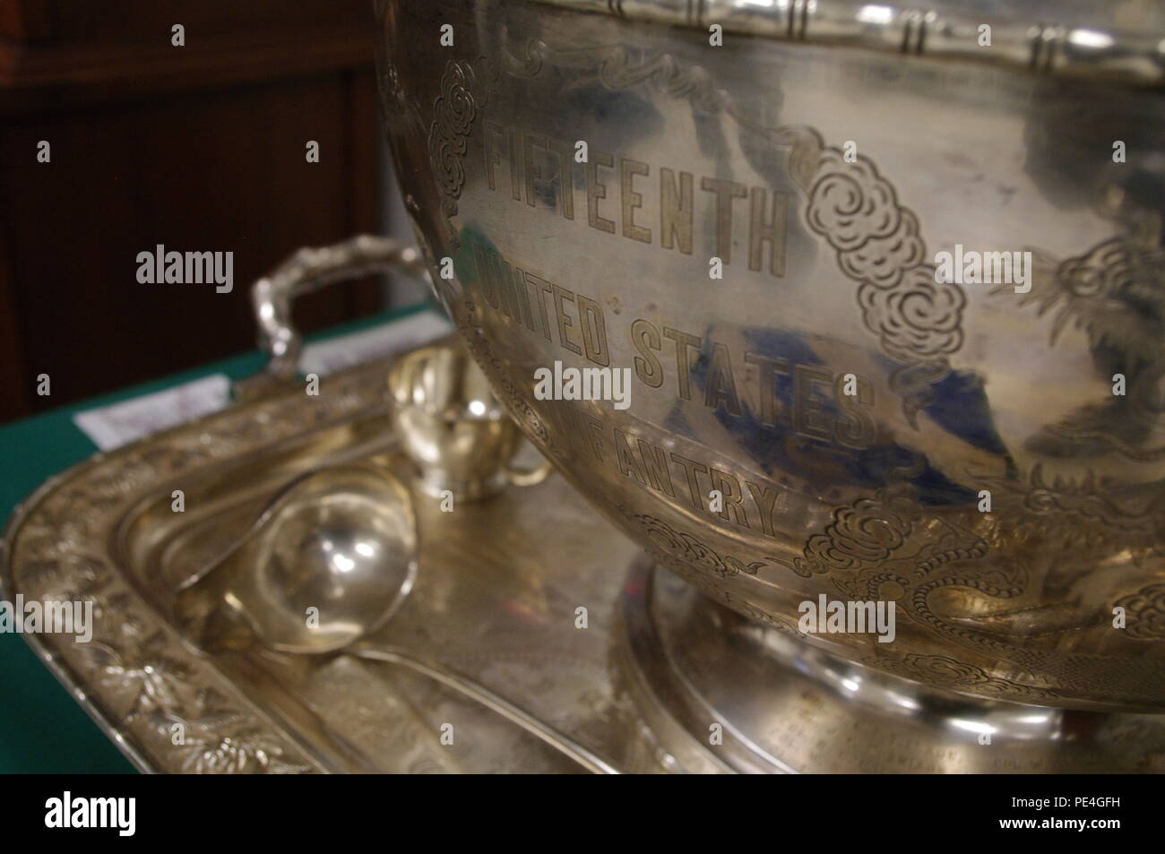 A silver punch bowl is on display in The China Room located at the 1st