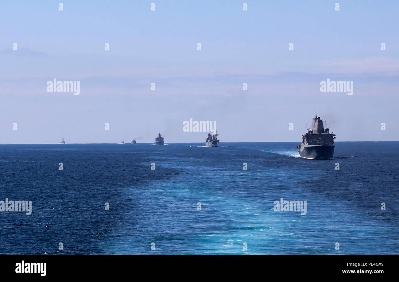 Ships from Expeditionary Strike Group Three, Japanese and Mexican naval ships conducted a strait transit during Exercise Dawn Blitz 2015, Sept. 2, 2015. Dawn Blitz is a multinational amphibious training exercise held off the coast and ashore of Southern California which included ESG-3 and 1st Marine Expeditionary Brigade as well as Japan, Mexico, New Zealand participants and observers from Australia, Colombia and Chile. (U.S. Marine Corps photo by Lance Cpl. April L. Price/Released) Stock Photo