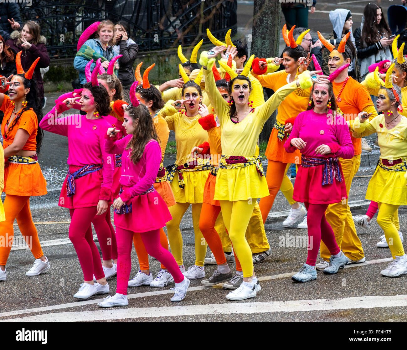 Samba school female dancers, Strasbourg carnival parade, Alsace, France, Europe, Stock Photo